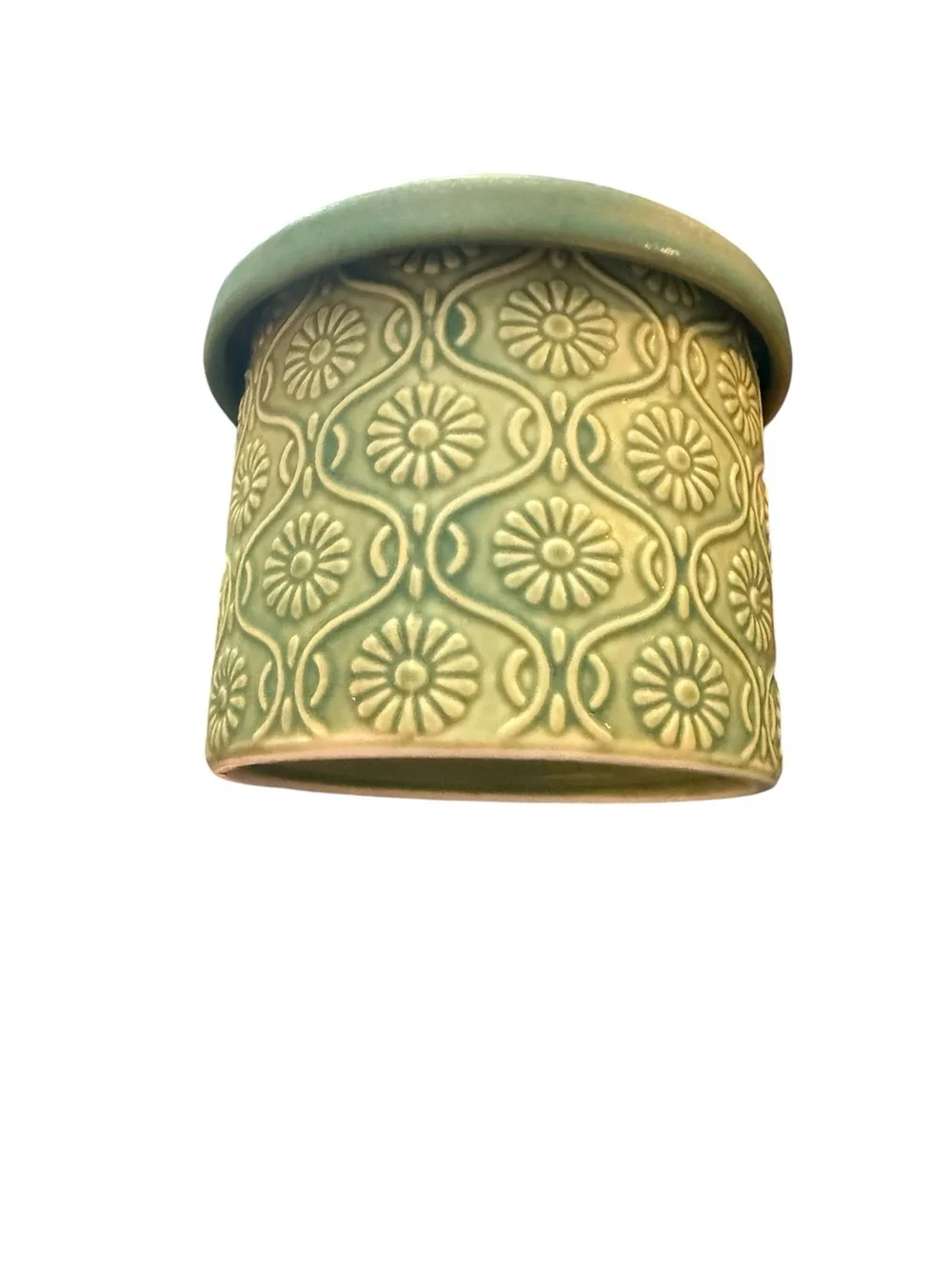 Vintage Style Sage Green Floral Ceramic Butter Bell Crock Farmhouse Cottage Kitc
